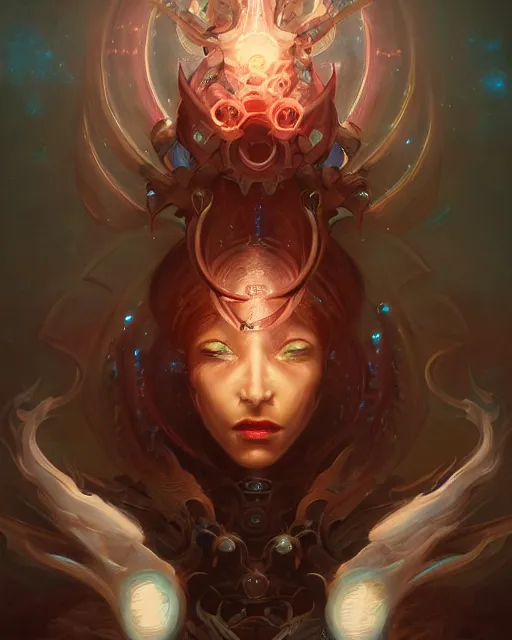 Prompt: portrait of a beautiful satanic cybernetic emanation, by pete mohrbacher and artgerm and wlop, digital art, highly detailed, intricate, fantasy, mystical, Trending on Artstation HQ, deviantart, unreal engine, 4K UHD image
