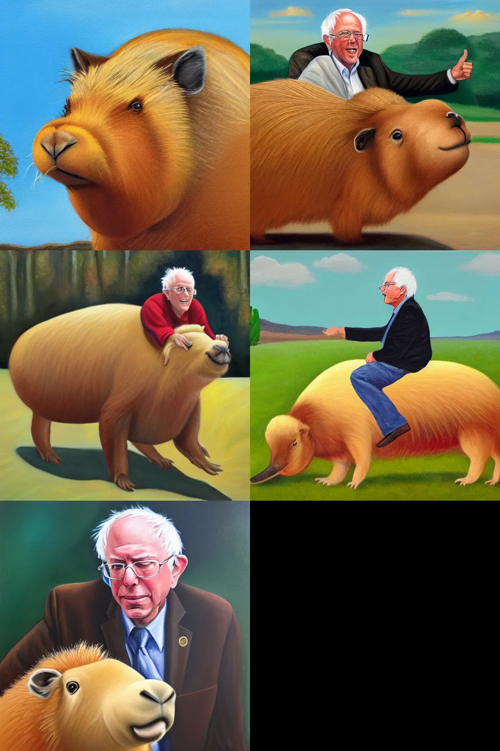 Prompt: an oil painting of Bernie Sanders riding a giant capybara