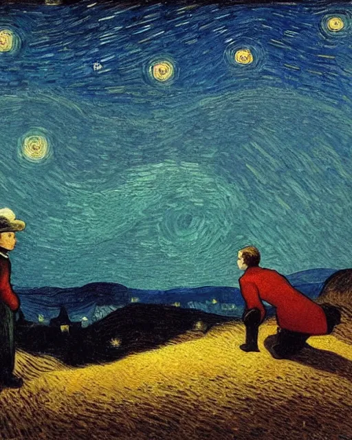 Image similar to a person looking at the night sky with stars, colorful, beautiful, national geographic, very detailed, astrophotography, oil painting, canvas, Theodor Kittelsen, Vincent van Gogh, Caspar David Friedrich