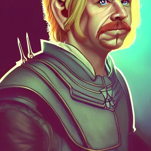 Image similar to a fantasy comic - style full portrait of a halfling maitre'd who looks like david spade, digital illustration by ken taylor and sana takeda and jenny frison, character design, concept art, fine inking lines, vivid colors, dnd, highly detailed!, hd, 4 k, trending on artstation