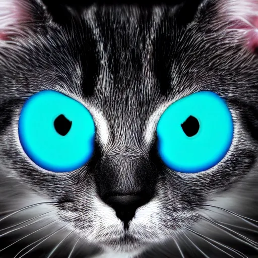 Prompt: an all knowing cat with glowing teal eyes, 4 k, digital art