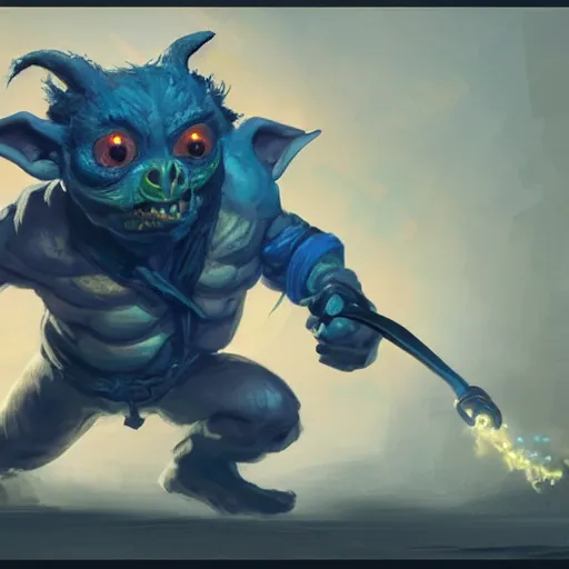 Image similar to a goblin throwing a haphazard bomb at the viewer, style of BalanceSheet, trending on artstation, high detail, epic, masterpiece, blue lighting