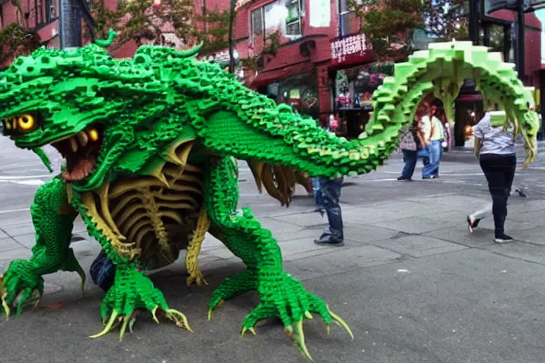 Image similar to Cthulhu, made out of Legos, walking down a city street, photo realistic