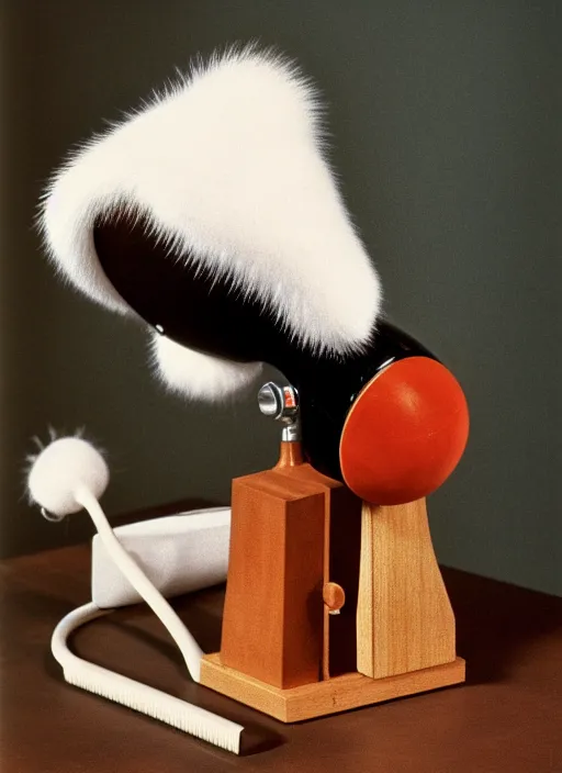 Image similar to realistic photo of a a medieval ritual chemistry appliance hairdryer, made of wood white clay and fur with black wires 1 9 9 0, life magazine reportage photo, natural colors, metropolitan museum collection