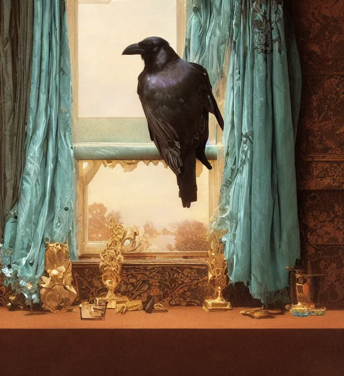 Prompt: a beautifully photoreal clear detailed victorian portrait of a close up raven on a victorian windowsill with an ornate velvet dark teal curtain at beautiful sunset daytime nature sunlit painting by frederic leighton and turner and morris and rosetti, humerous, cheeky, 8 k, octane render