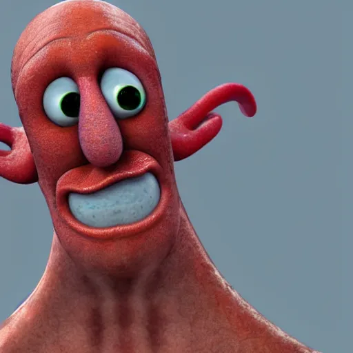 Prompt: squidward tentacles from spongebob squarepants with red realistic eyes, realistic, 8k