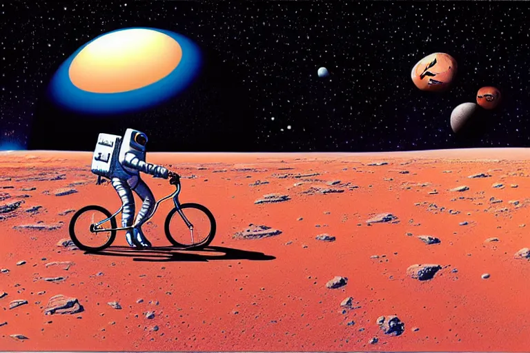 Prompt: centre portrait of an astronaut riding a bicycle on the mars!! symmetry, retro 8 0 s, colourful, realistic illustration, art by peter elson,