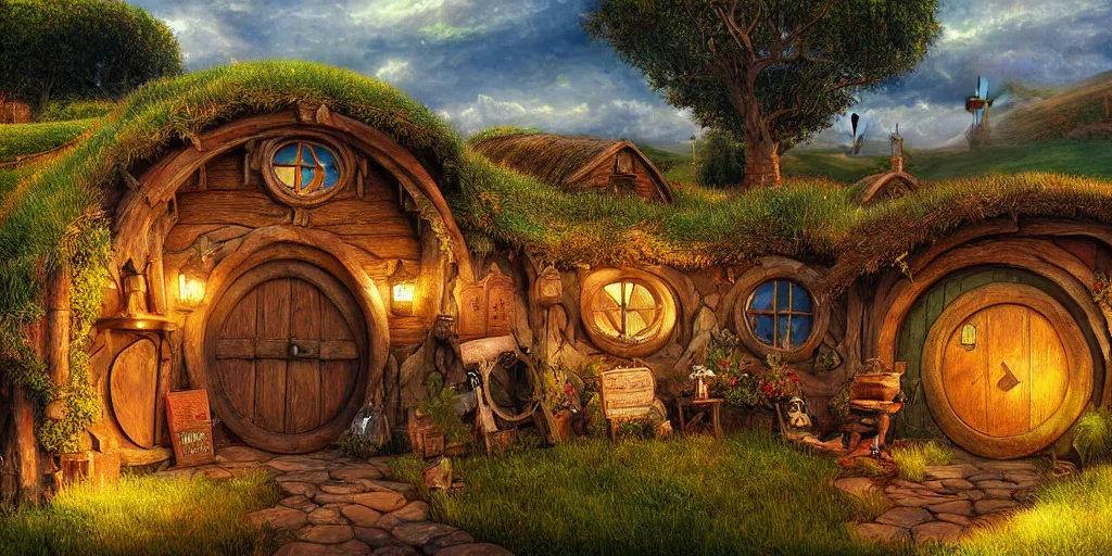 Image similar to Hobbiton but the houses are made from shipping containers, realistic, highly detailed, digital painting, smooth, sharp focus, cinematic lighting, Peter Jackson