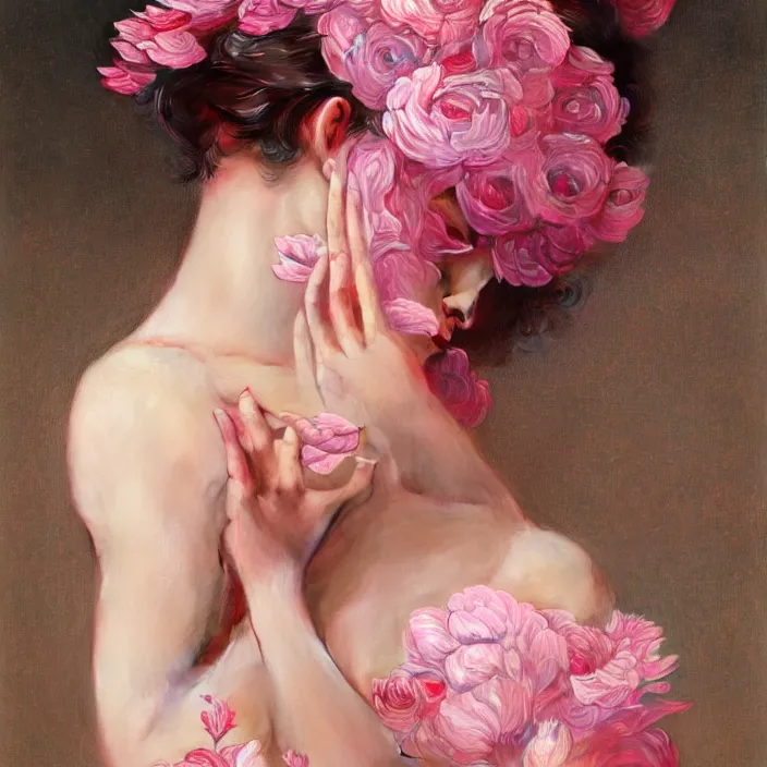 Prompt: a wonderful goddess made of pink petals as texture of the skin, intricate, elegant, highly detailed, wonderful eyes, sweet, digital painting, artstation, concept art, smooth, sharp focus, illustration, art by artgerm and greg rutkowski and alphonse mucha and william - adolphe bouguereau