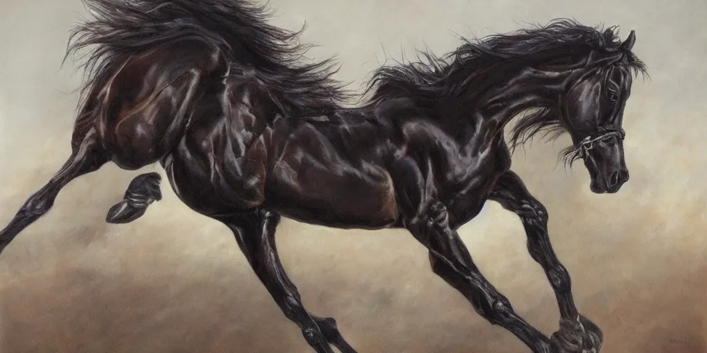 Prompt: black eight legged horse lightning for eyes, majestic, powerful, extreme detail, fine art, oil painting