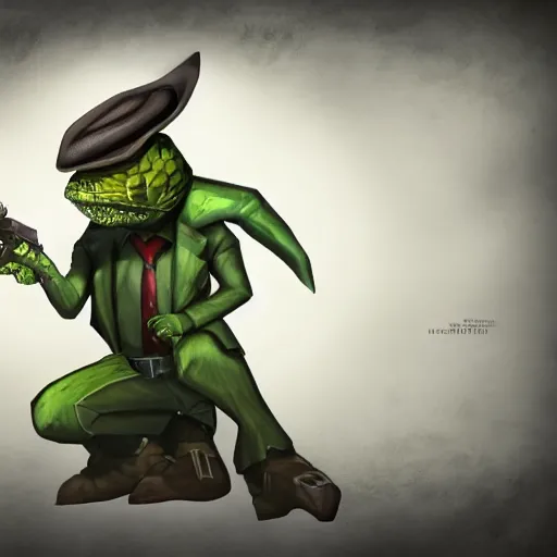 Prompt: Reptile detective, trenchoat and hat, league of legends character, close up, digital art, trending on ArtStation