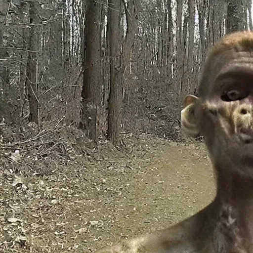 Image similar to trailcam footage of a skinwalker caught on camera, grotesque, evil