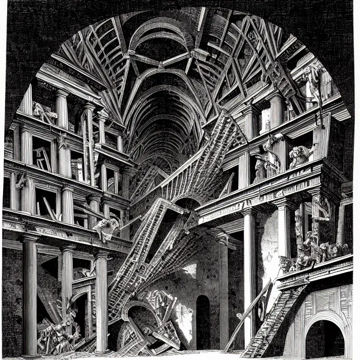 Prompt: piranesi's chamber, by piranesi and mc escher, intricate details, hd