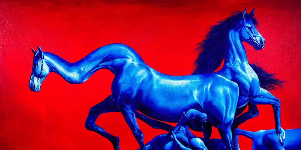 Image similar to blue ney motogrosso in love with a red stallion, too many hands in all directions, too many teeth, too many eyes, in hoc signo vinces, waterfall, in the style of gottfried helnwein, high contrast chiaroscuro, intricate composition, blue light, insanely quality, highly detailed, masterpiece, red light, artstation