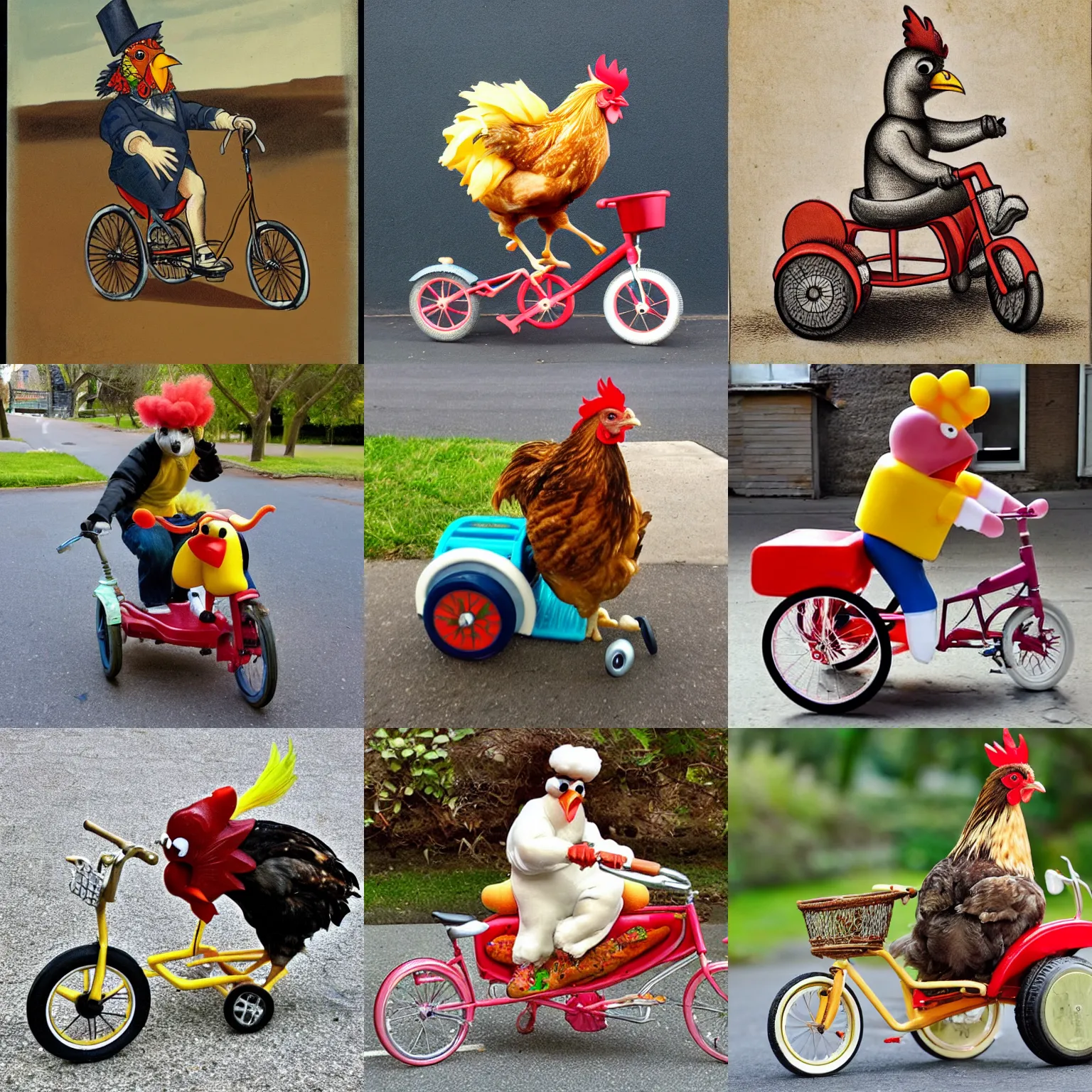 Prompt: chicken with a pompadour riding a tricycle
