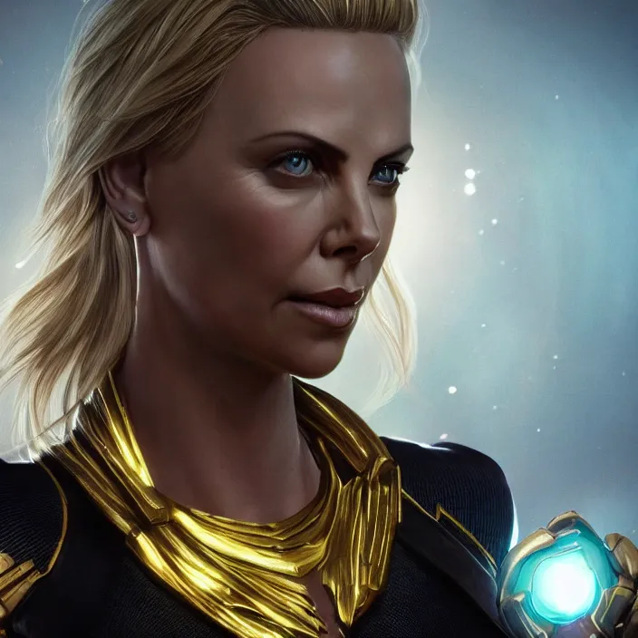 Image similar to portrait of ((Charlize Theron)), wearing The Infinity GAUNTLET. infinity gauntlet. intricate artwork. octane render, trending on artstation, very coherent symmetrical artwork. avengers. thanos. infinity war. cinematic, hyper realism, high detail, octane render, 8k, iridescent accents