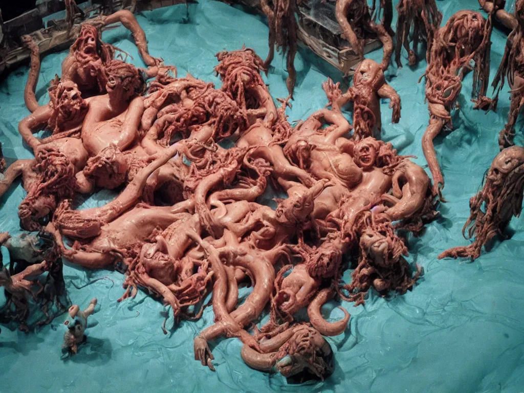 Prompt: the raft of the medusa as an animatronic schlock body horror film, play-doh, neon lights, rubber latex, fleshy, Cronenberg, Rick Baker, dramatic film still, daylight, photo real, extremely detailed, wet, slimy, wide angle, rule of thirds, 28mm, 1984, vivid colors, Eastman EXR 50D 5245/7245