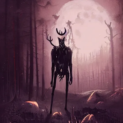 Image similar to a wendigo, by ismail inceoglu, eerie monster, skull head, gaunt and monstrous, evil, illuminated by the moonlight