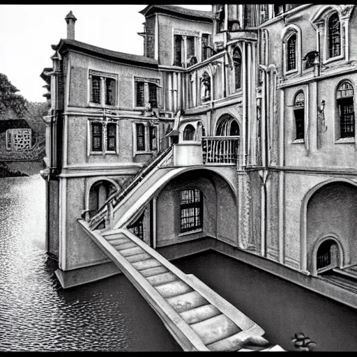 Prompt: escher architecture with water flowing