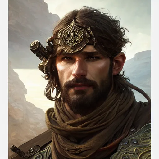 Image similar to Portrait of rugged male ranger, D&D, muscular, fantasy, intricate, elegant, highly detailed, digital painting, artstation, concept art, smooth, sharp focus, illustration, art by artgerm and greg rutkowski and alphonse mucha