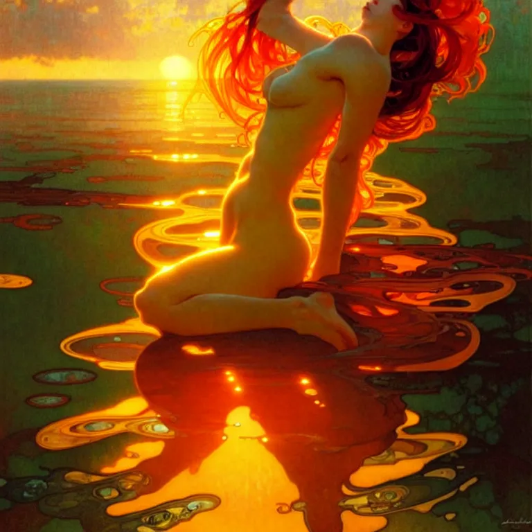 Image similar to sea of glossy liquid honey drops flowing like translucent amber, backlit, sunset, refracted lighting, art by collier, albert aublet, krenz cushart, artem demura, alphonse mucha