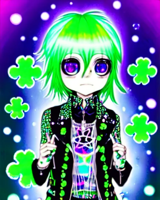 Image similar to a hologram of decora styled green haired yotsuba koiwai wearing a gothic spiked jacket, background full of lucky clovers and shinning stars, holography, irridescent, baroque visual kei decora art