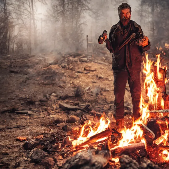 Prompt: gritty apocalyptic man smirking holding gas can next to a campfire, octane render, 4 k ultra hd, hyper - detailed, seedy lighting, sharp focus, fantasy dark art