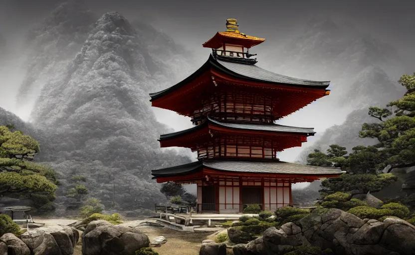 Prompt: highly detailed painting of old, ruined, fractured japanese pagoda from sengoku period, surrounded by dense rock formations, high in mountains, cinematic lighting, photobash, unreal engine render, nanite, raytracing, volumetric lighting
