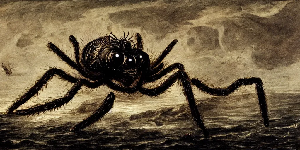 Image similar to hyperrealism Baptism on the river, monster spider in style of Goya