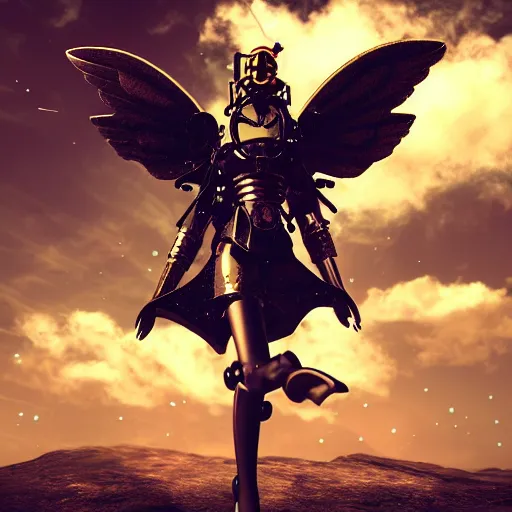 Prompt: a steampunk robotic angel, retro, steam, extremely detailed, particles, cinematic lighting, anime, clouds, sky, lush, beautiful,