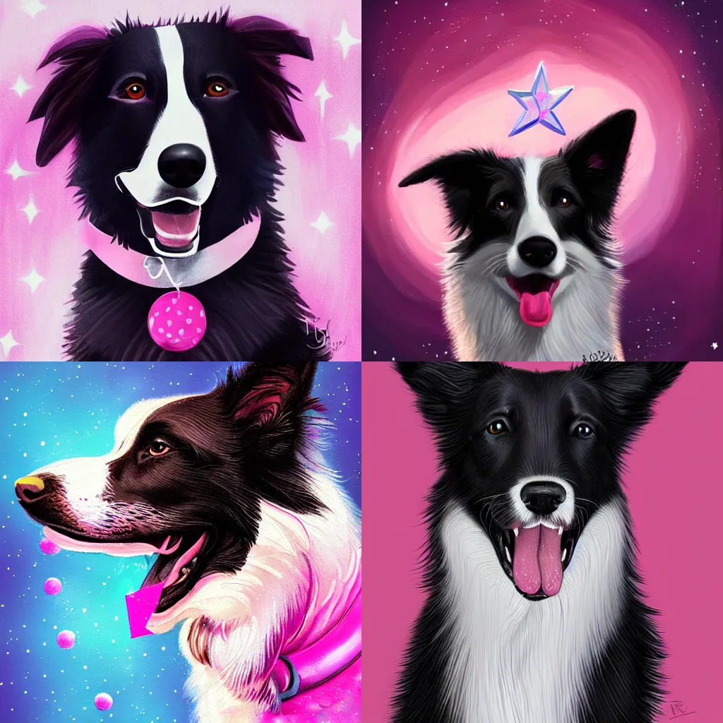 Prompt: a smiling border collie dog with a pink star on its collar, outer space, fantasy, intricate, elegant, highly detailed, digital painting, artstation, concept art, smooth, sharp focus, illustration