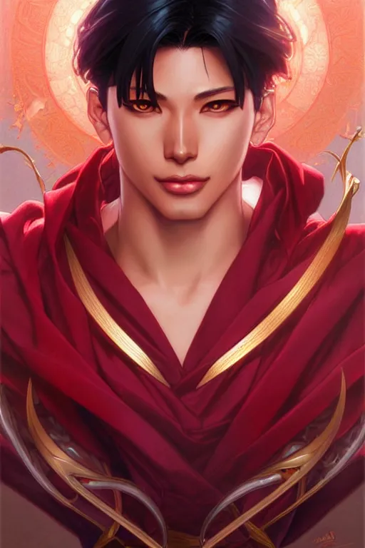 Prompt: a male version of Sailor Mars, fantasy, intricate, elegant, highly detailed, digital painting, artstation, concept art, matte, sharp focus, illustration, art by Artgerm and Greg Rutkowski and Alphonse Mucha