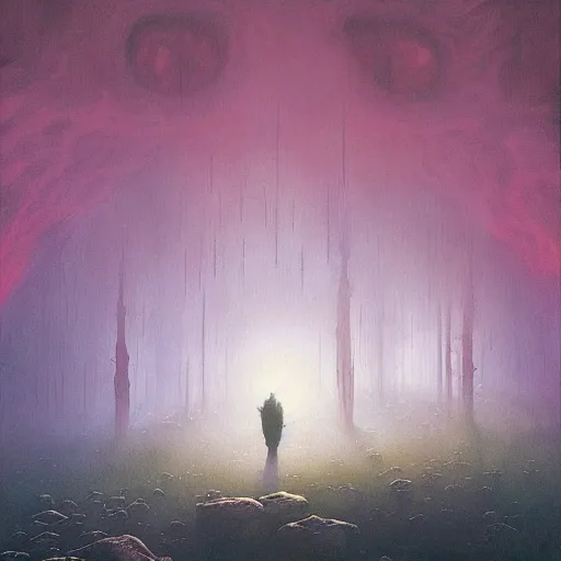 Image similar to fractal tardigrade terror and horror painting descending on earth, by greg rutkowski and studio ghibli, inspired by zdzisław beksinski, cinematic, atmospheric, dramatic colors, dawn.