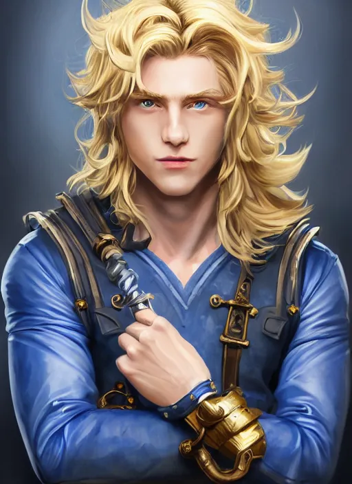 Prompt: a highly detailed illustration of long wavy bright blonde haired effeminate boy wearing blue blacksmith apron and iron cybermechanical arms, blue eyes, dramatic smiling pose, intricate, elegant, highly detailed, centered, digital painting, artstation, concept art, smooth, sharp focus, league of legends concept art, wlop