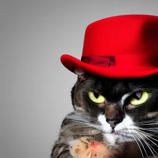 Image similar to A Cat with Red eyes and fedora hat while holding a Glock and smoking weed