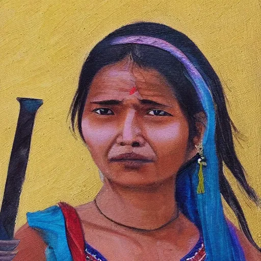 Image similar to a nepali woman carrying a sword, fierce, oil painting