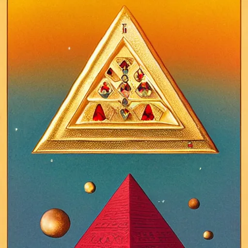 Prompt: a sadomasochistorya and gregarious pyramidal jewel, made of gold and jewels, majestic by john philip falter, trending on art deco tincture, trending on artstation the cosmic microwave