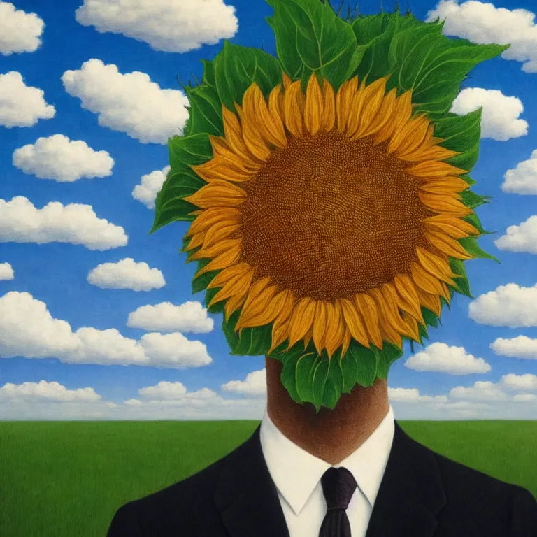 Image similar to portrait of a faceless sunflower - head man in a suit, clouds in the background, by rene magritte, detailed painting, distance, centered, hd, hq, high resolution, high detail, 4 k, 8 k