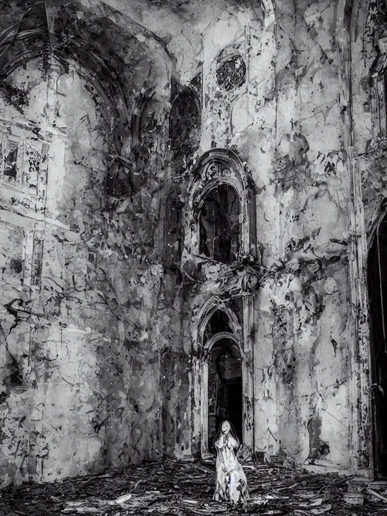 Image similar to graffiti in an abandoned church, cute fumo plush gothic black enigmatic maiden girl painted in spilt ink and washed watercolor, avant garde pop art, filmic, dust particles and sunbeam, captured on canon eos r 6