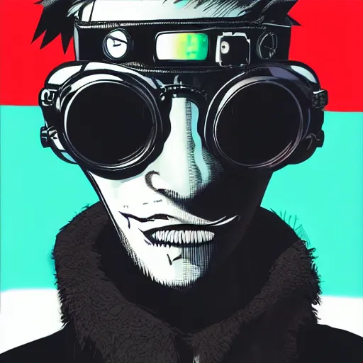 Prompt: close up portrait of a cyberpunk goth guy wearing goggles and eccentric jewelry, by jamie hewlett, jamie hewlett art,