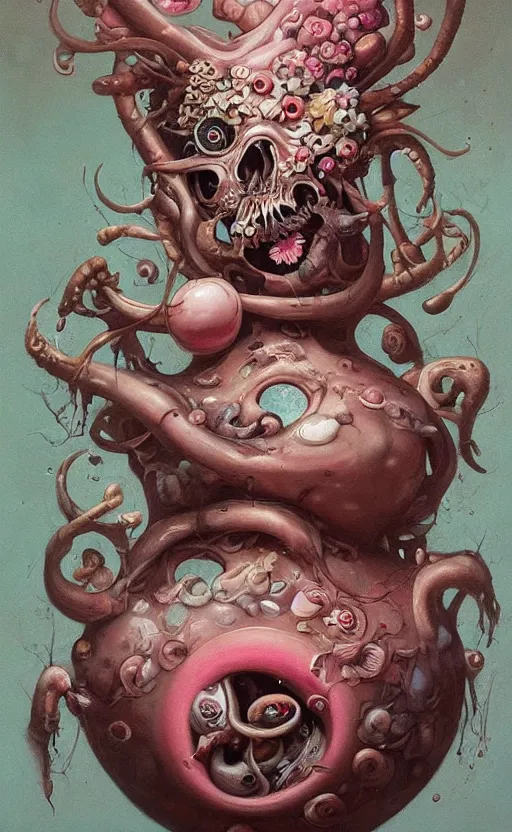 Image similar to a biomorphic painting of a vase with flowers and eyeballs in it, a surrealist painting by Nychos, by Peter Mohrbacher, by Beksinski, pastel blues and pinks, featured on artstation, metaphysical painting, oil on canvas, fluid acrylic pour art, airbrush art,