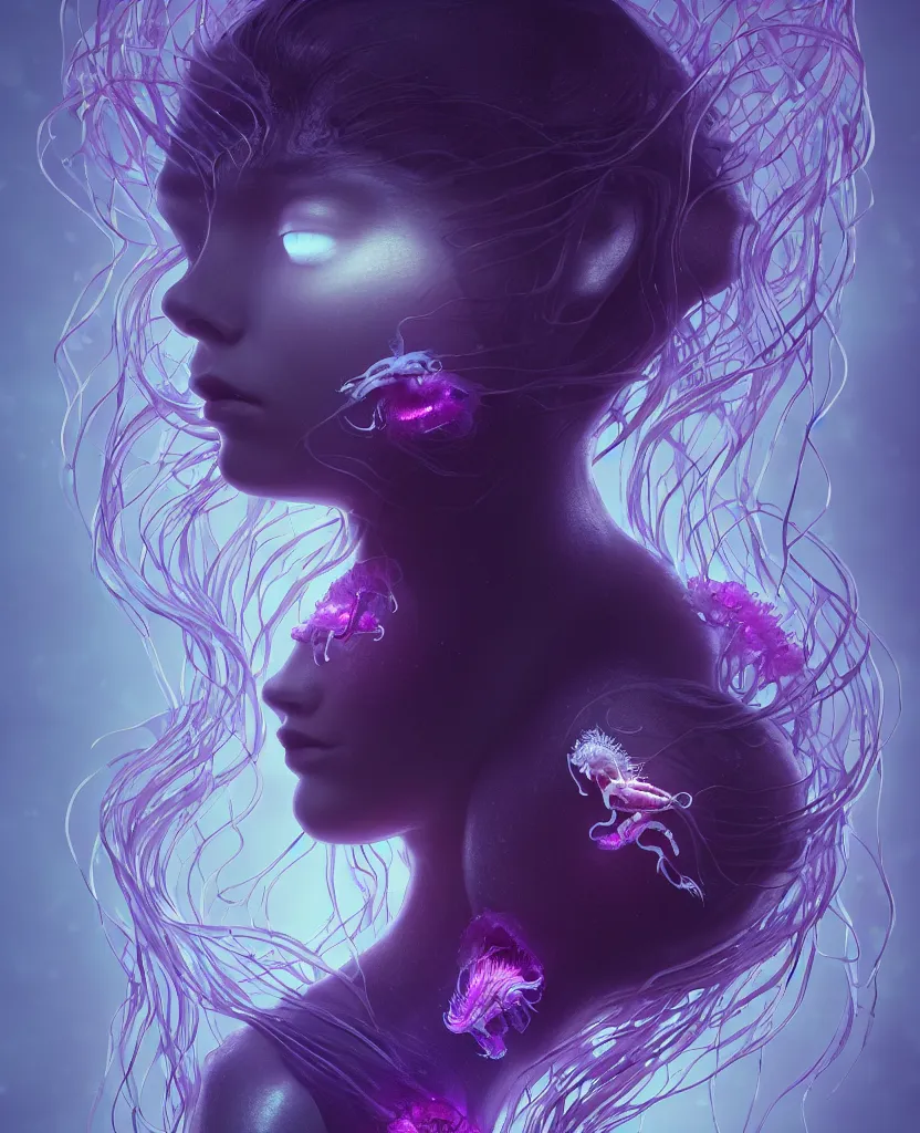 Image similar to beautiful female fused with orchid jellyfish, close-up portrait, dark, phoenix head, nautilus, skull, bioluminiscent, intricate artwork by Tooth Wu and wlop and beeple. octane render, trending on artstation, greg rutkowski, xsullo, very coherent symmetrical artwork. cinematic, hyper realism, high detail, octane render, 8k