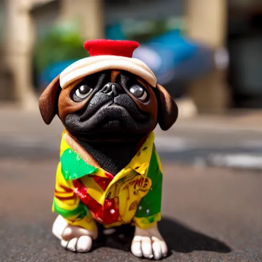 Image similar to a volatile pugalier wearing a hawaiian shirt, living in the city, disney character, cartoonish, claymation, photo by wes anderson