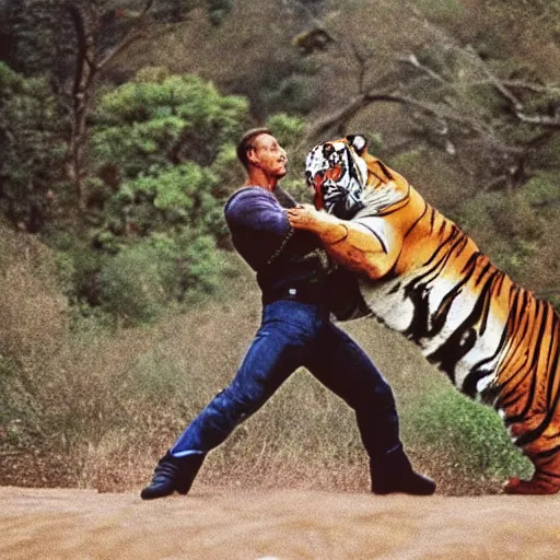 Prompt: Jean-Claude Van Damme fighting a tiger