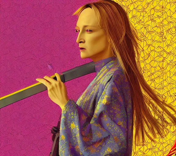 Image similar to breathtaking detailed pattern pastel colors, action scene from kill bill, with uma thurman ( kill bill ) in yellow kimono, swinging katana sword and autumn leaves, fuji, by hsiao - ron cheng, exquisite detail, enhanced eye detail