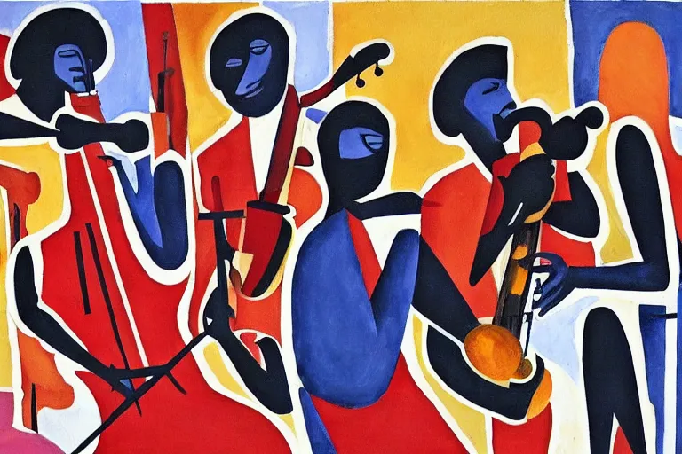 Image similar to a painting of a group of men playing instruments, a jazz band in new orleans, an ultrafine detailed painting by romare bearden, behance, black arts movement, artwork, fauvism, academic art