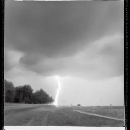 Image similar to low wide angle, old polaroid of a man being hit by a lighting strike, black and white