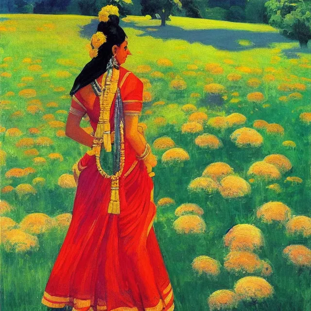 Prompt: hindu goddess kaali in distance looking at you in beautiful meadow of flower, detailed painting by edward hopper