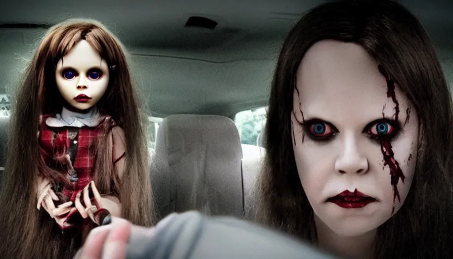 Image similar to big budget horror movie about an evil killer doll hiding in the back of a woman's car