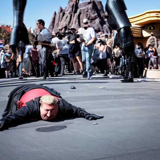 Prompt: darth vader trips and falls down in front of a crowd in star wars land at disneyland, real life, high quality photo